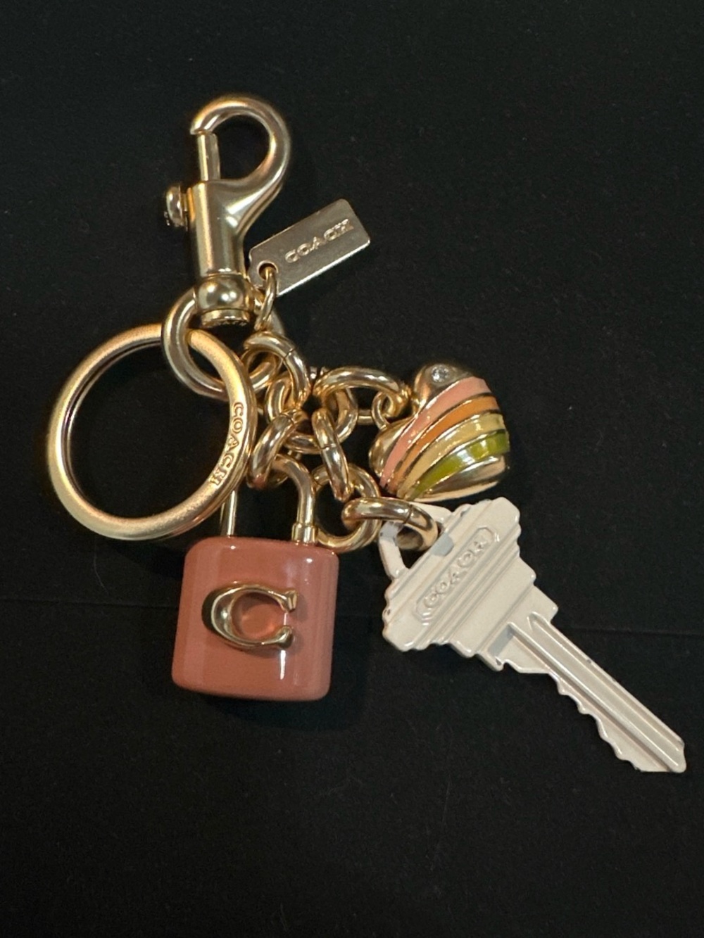 Coach Gold-Tone Key & Charm Keychain with Pink Padlock and Multi-Color Heart